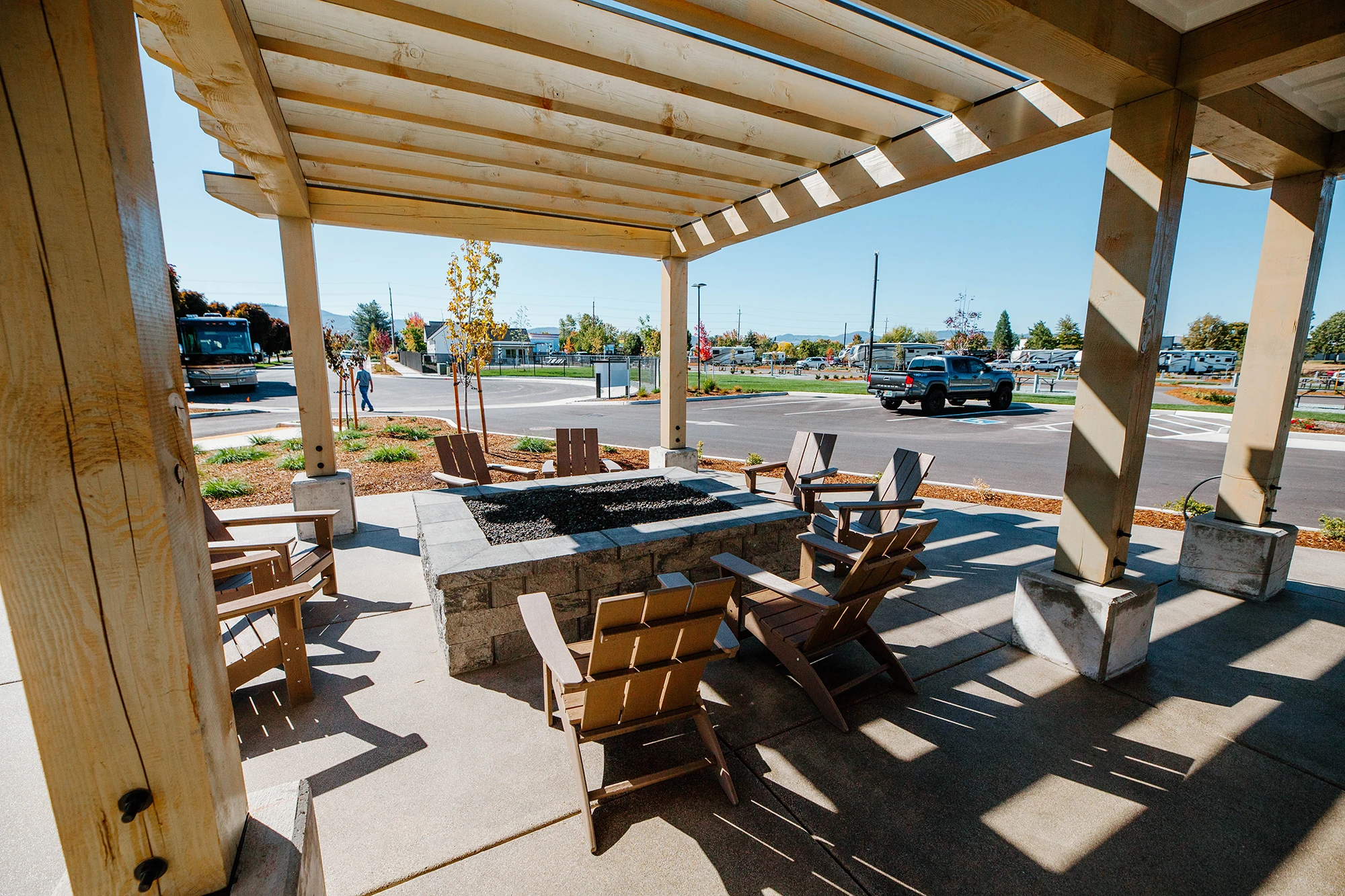 Outdoor fire pit & lounge area at Mr. Bigfoot RV Park in Medford
