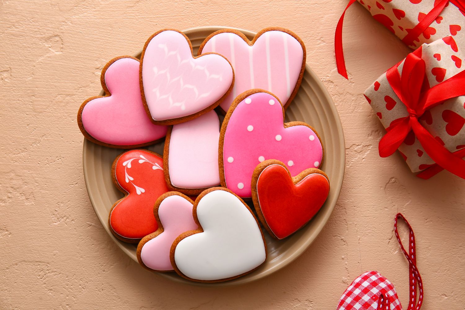 Heart shaped cookies with pink and red frosting glaze