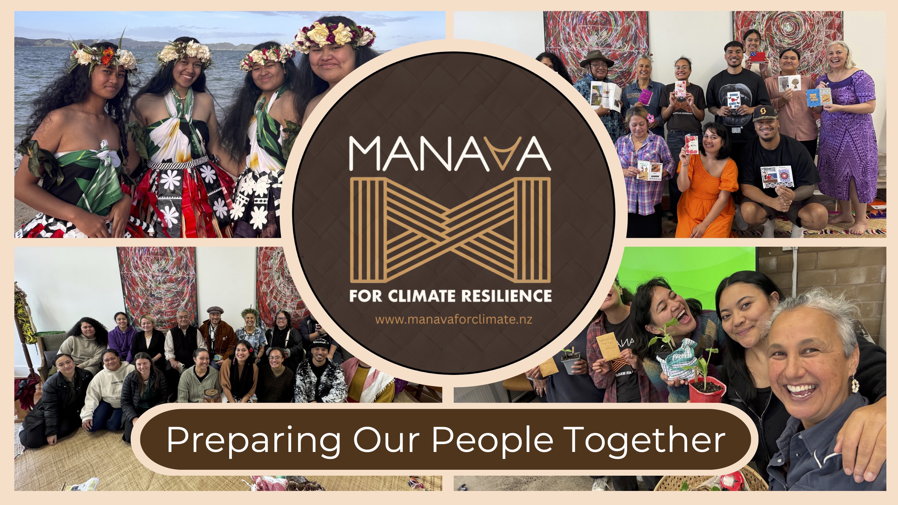 Four photos of community meetings in a grid with the Manava logo in the centre. Text below it reads "Preparing our Pacific People Together." 