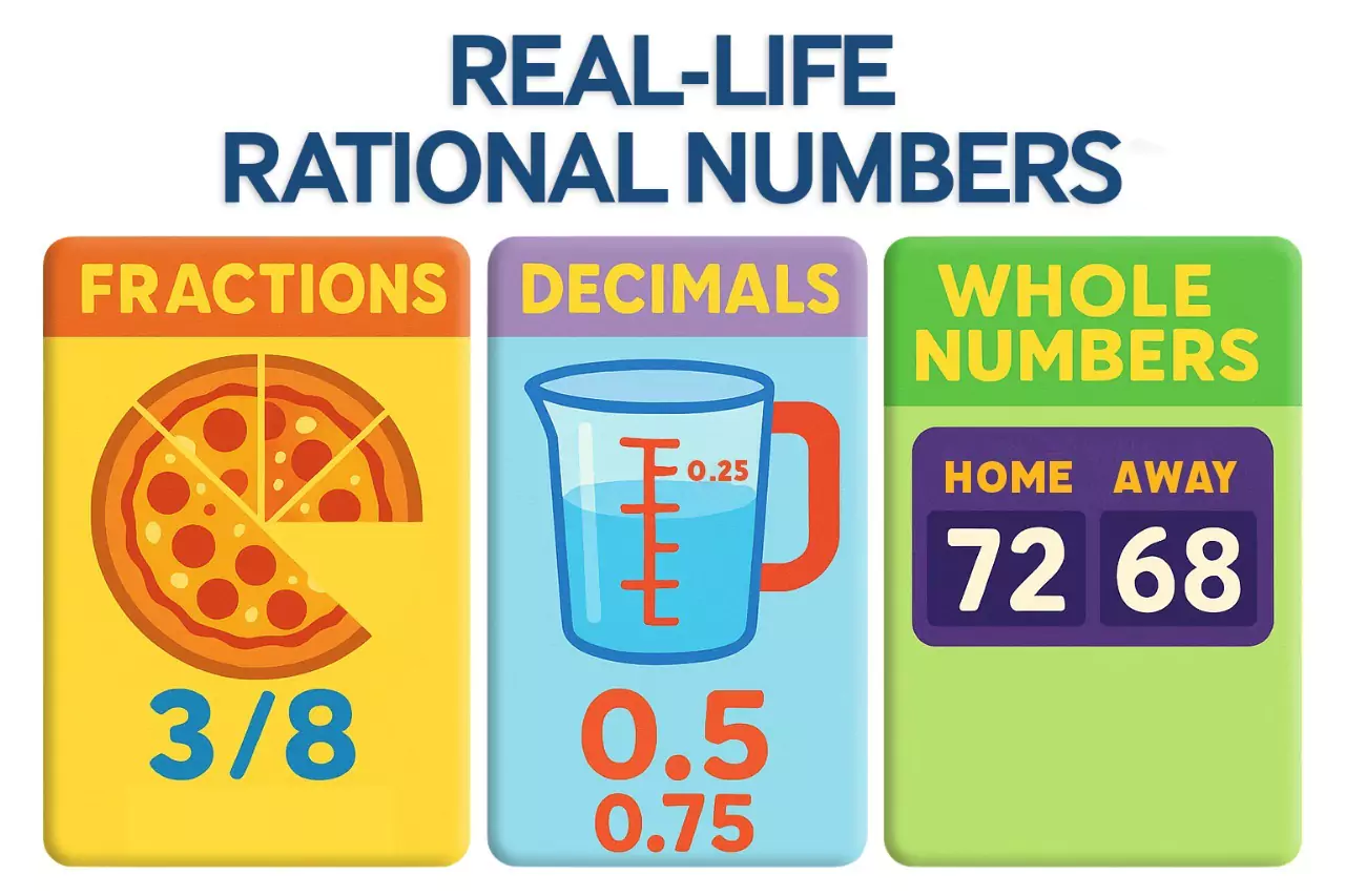 Diagram/ infographic of rational and irrational numbers in things that kids are surrounded by.