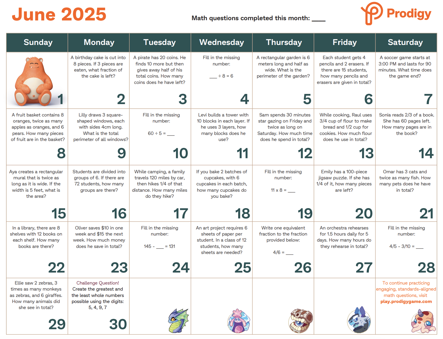Prodigy's math calendar for June 2025