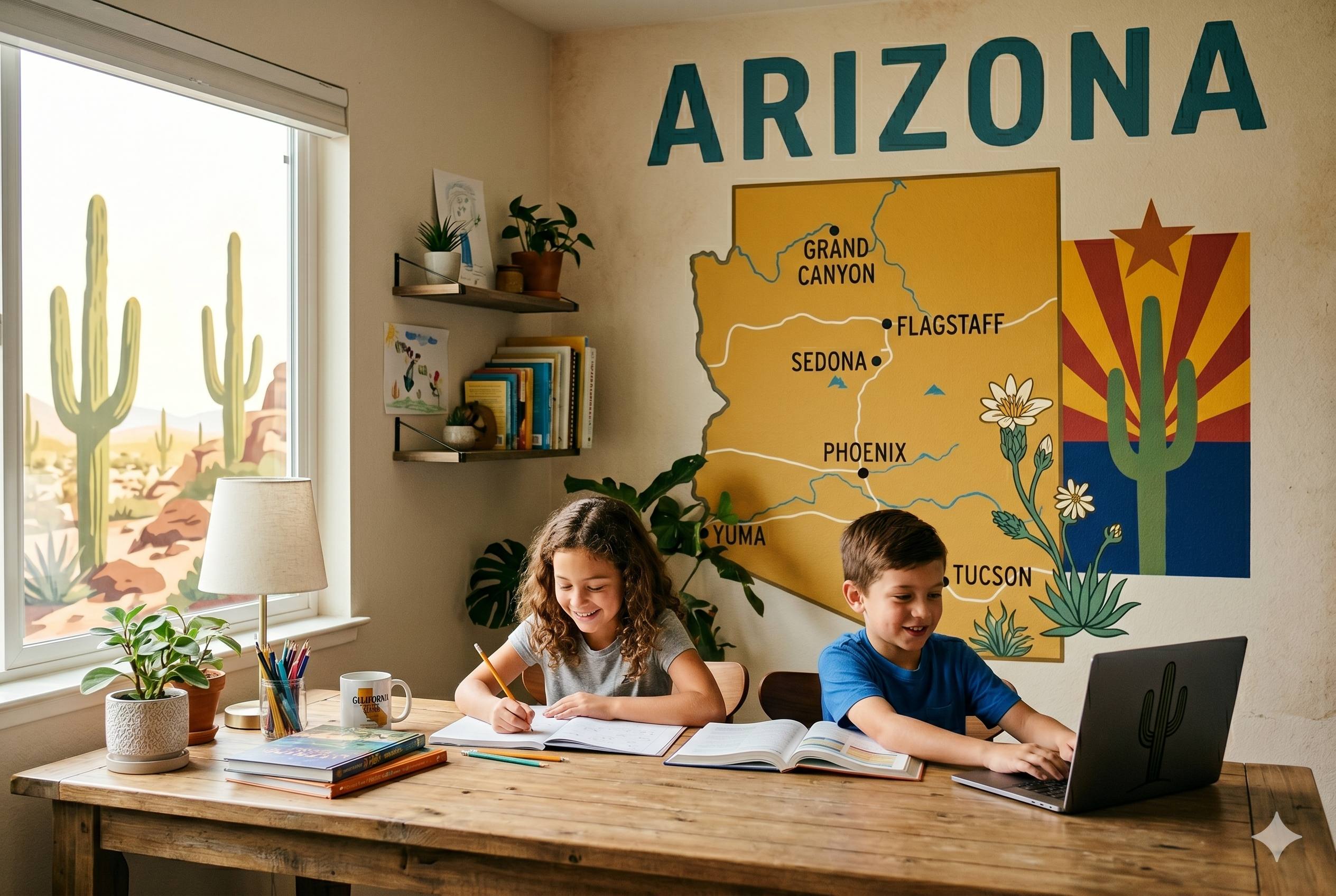 Arizona homeschool parent sitting with elementary-age child, planning a school year