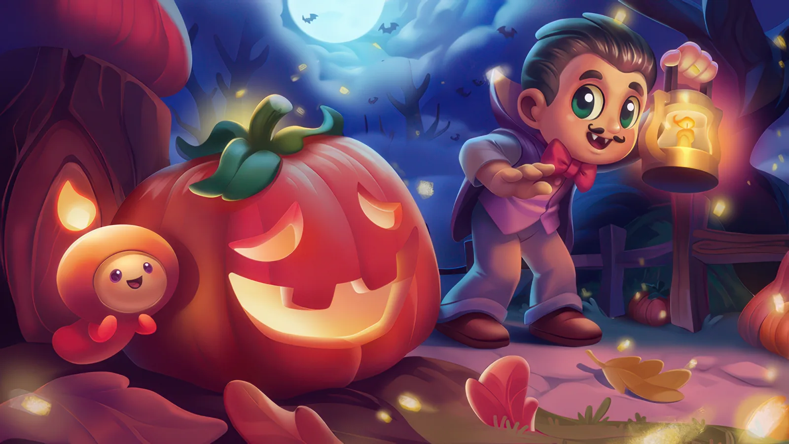 Prodigy Math Pumpkin Fest artwork with a vampire character holding a lantern next to a glowing jack-o'-lantern