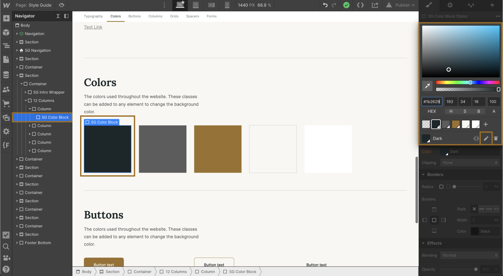 Screenshot of changing colors in style guide