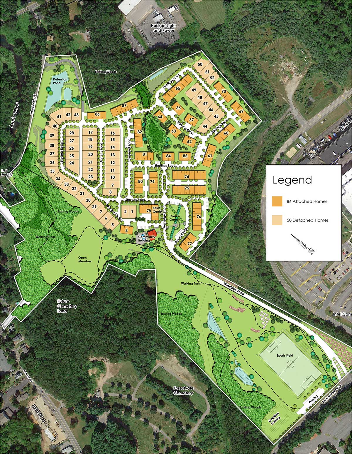 WestRidge site plan in Hudson MA showing 138 attached and detached homes with Assabet River frontage and 73 acres of open space