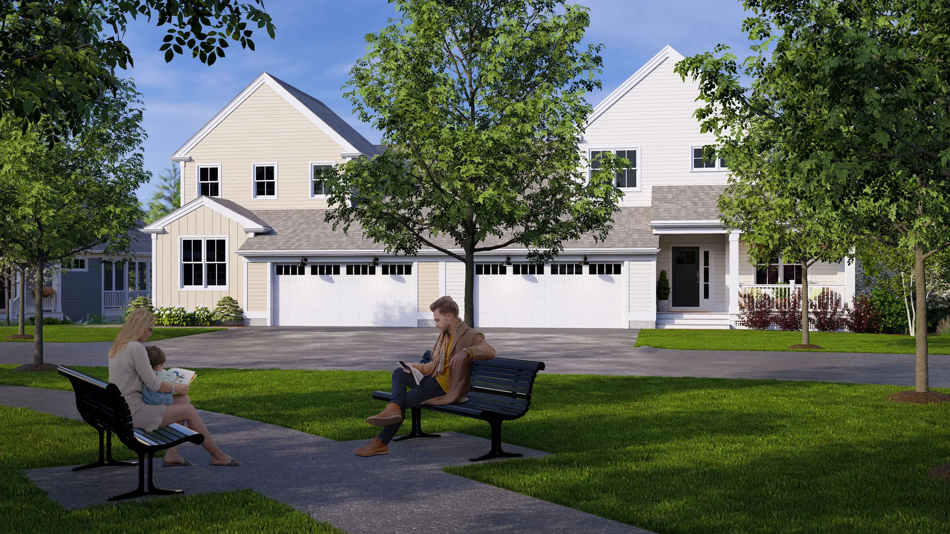 Pocket park between townhome buildings at Alden's Reach in Plymouth MA