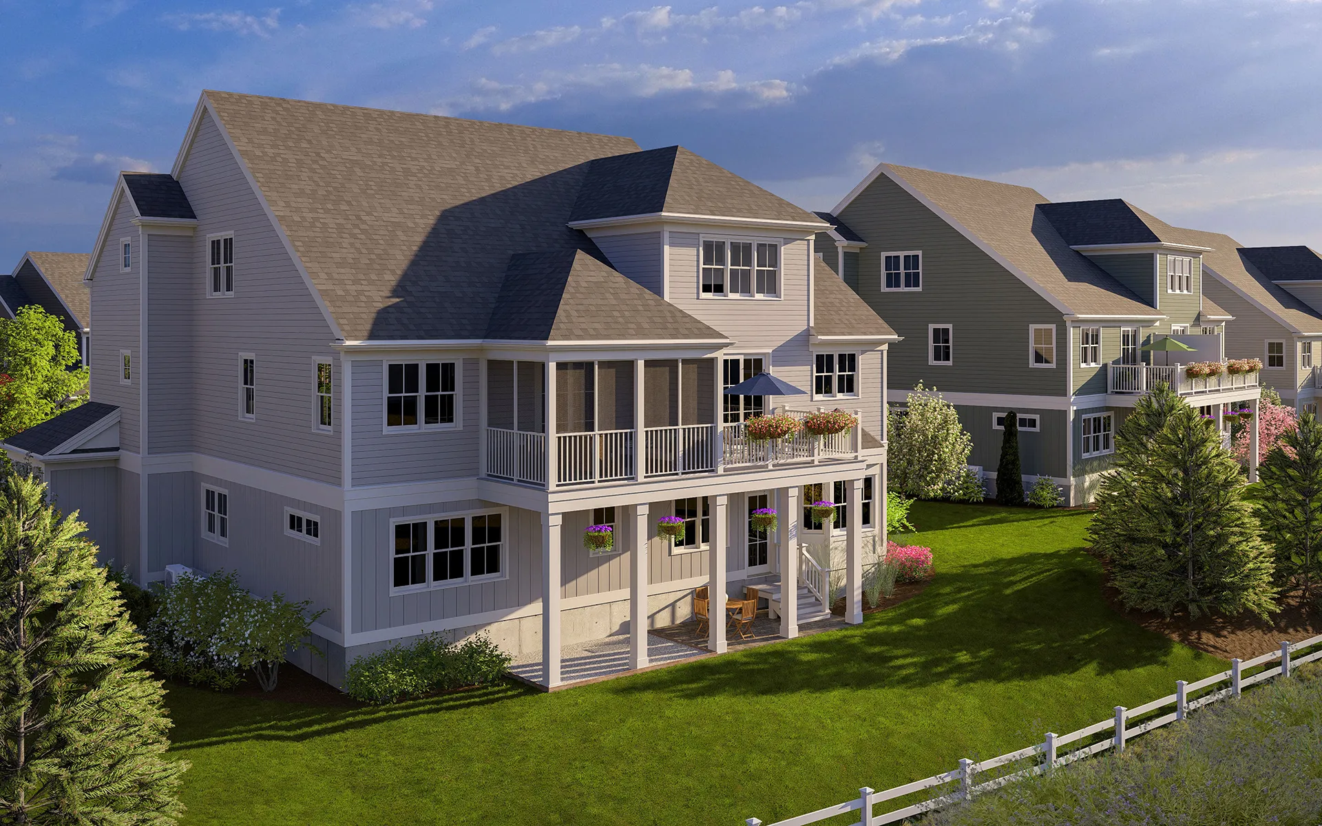 Rear of Pine townhome with screen porch at Alden's Reach in Plymouth MA