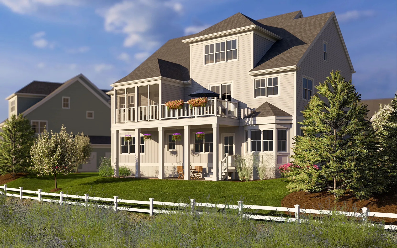 Rear of Pine townhome with screen porch at Alden's Reach in Plymouth MA
