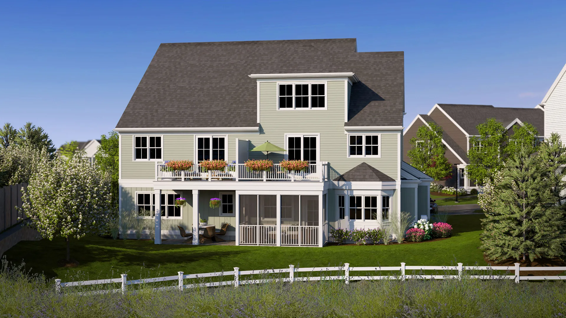 Rear of Hickory townhome with screen porch at Alden's Reach in Plymouth MA