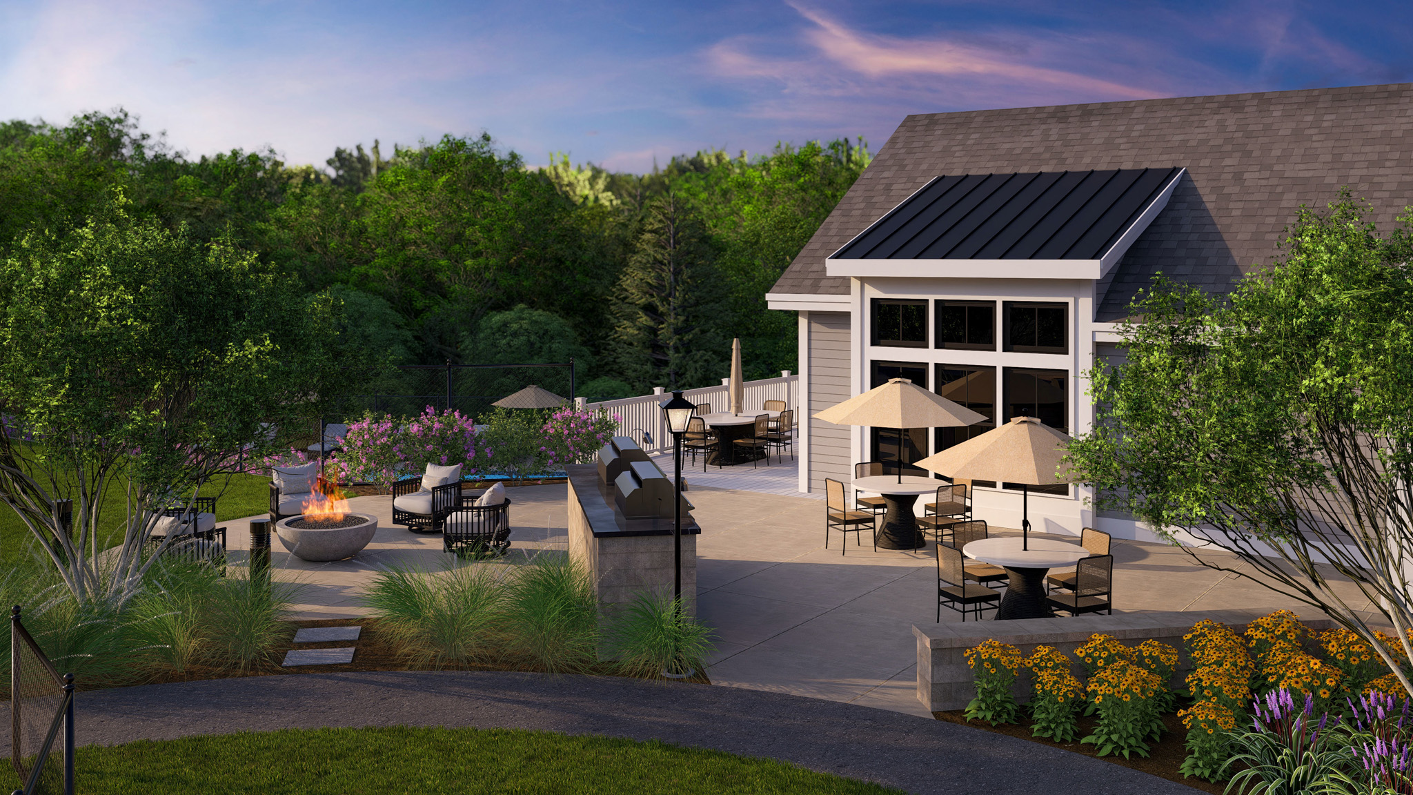 Firepit and grilling area at Alden's Reach in Plymouth MA