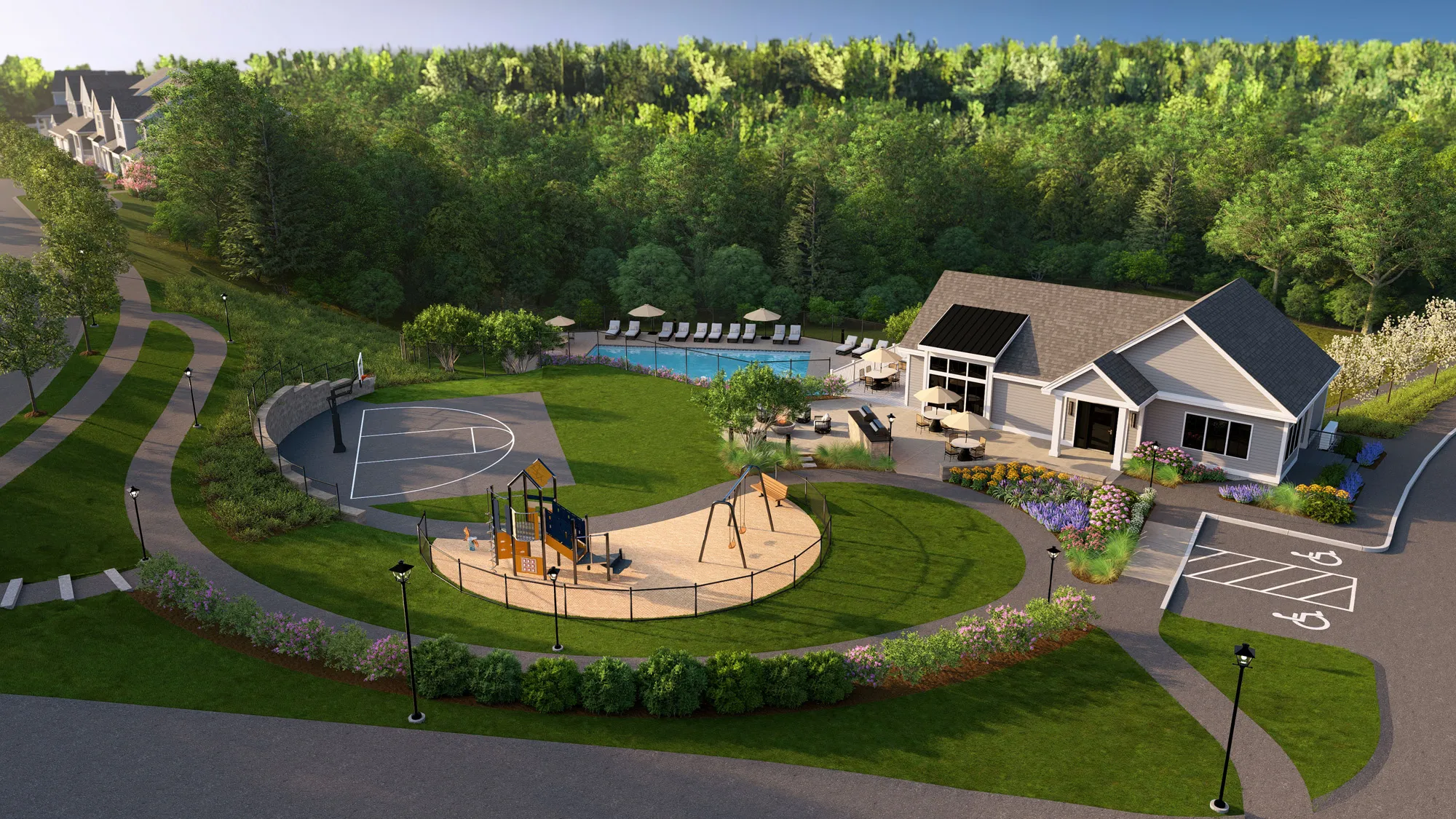 Aerial view of pool, fire pit, outdoor kitchen and basketball court at Alden's Reach in Plymouth MA