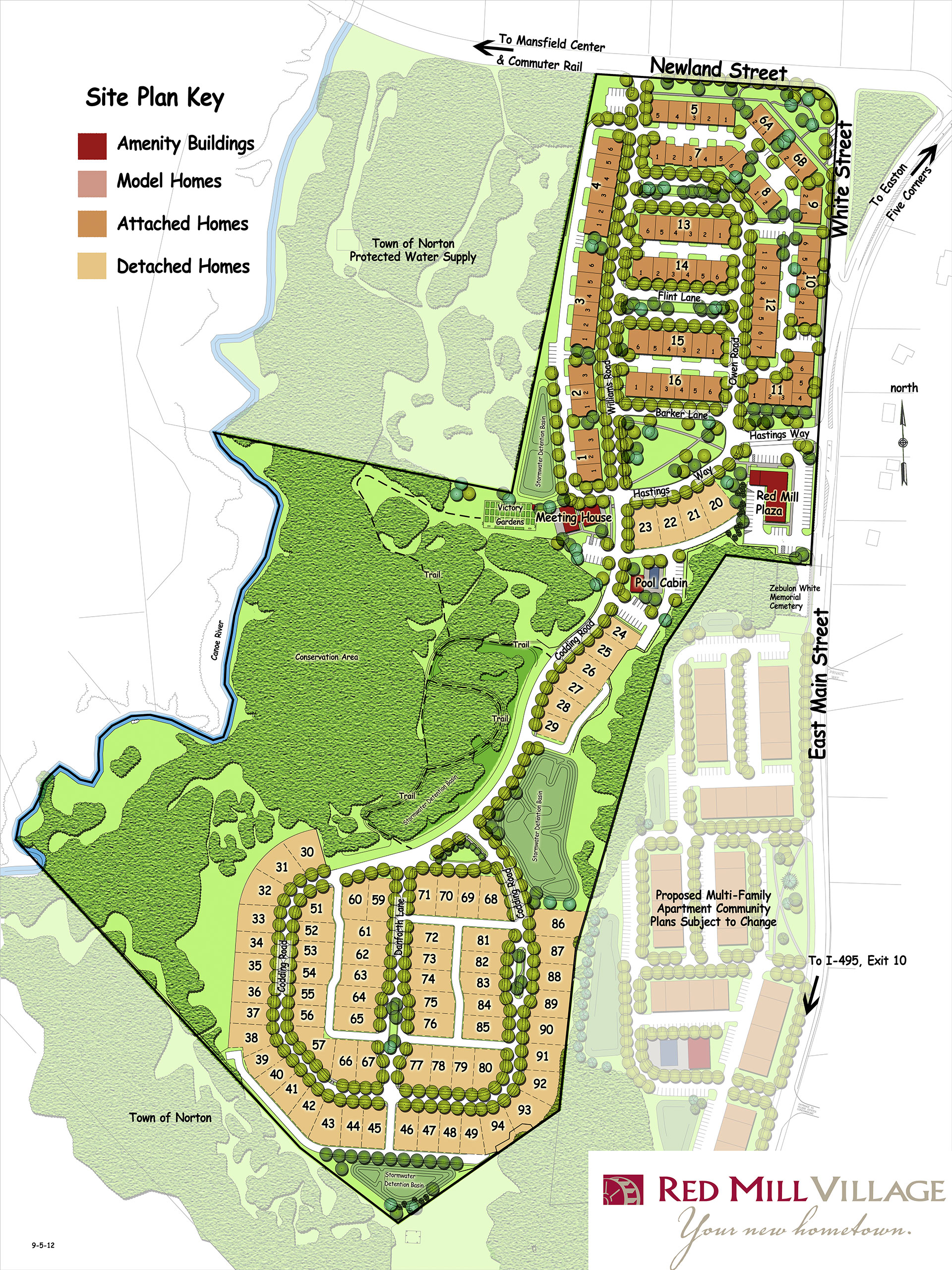 Site plan for Red Mill Village in Norton MA showing community layout and home locations