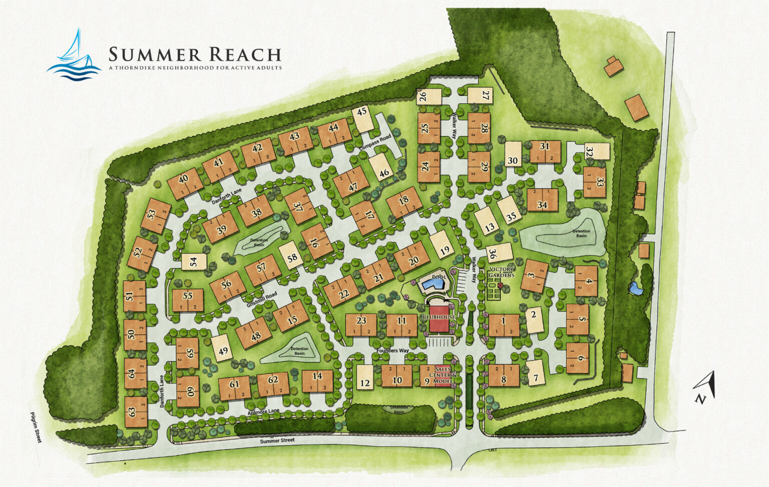 Summer Reach site plan showing 112 active adult homes community layout in Plymouth MA