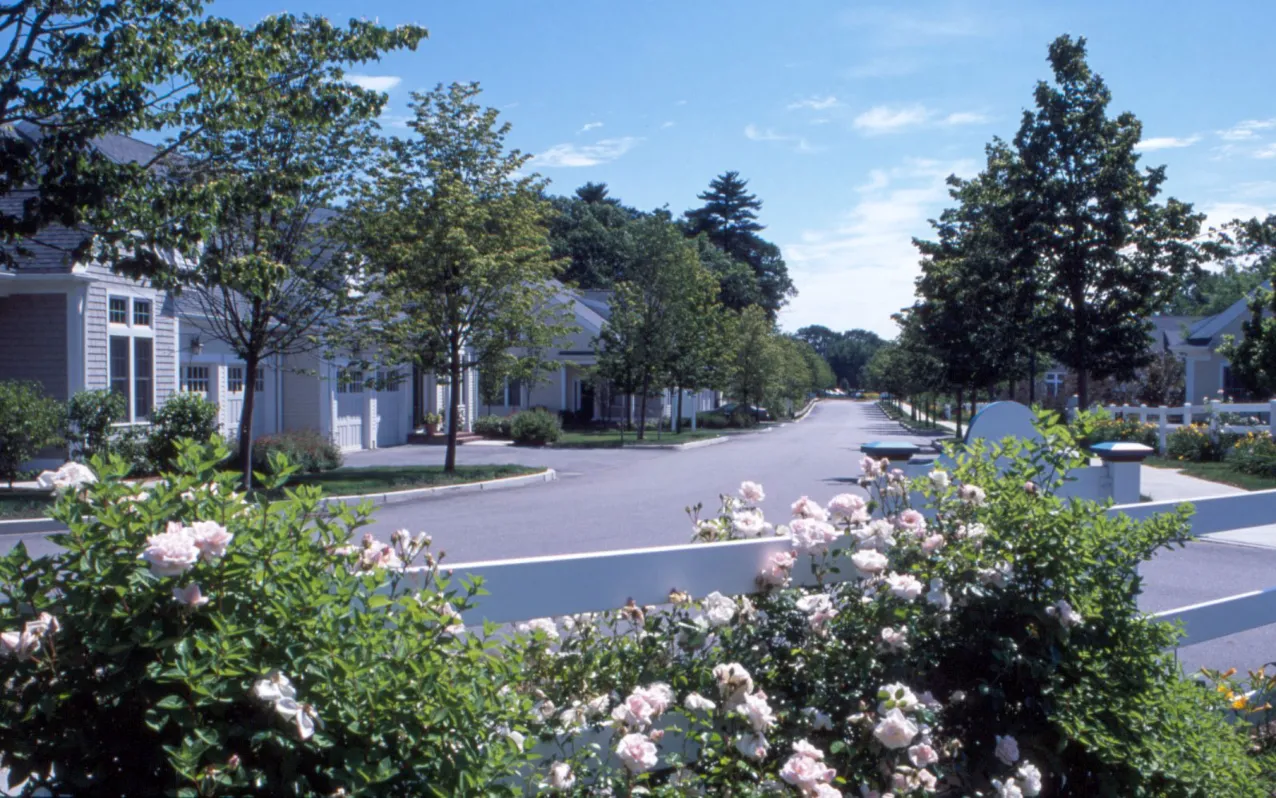 Tree-canopied street with rose gardens at GreatBrook 55-plus neighborhood in Norton MA