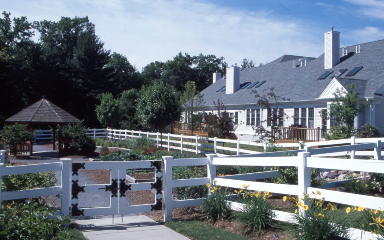 Overhead view of Victory Gardens gazebo and community plots at GreatBrook Norton MA