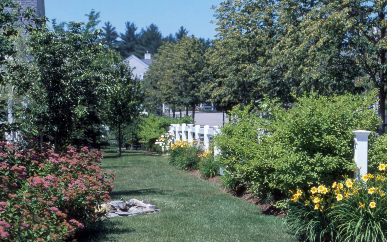 Colorful garden walkway between homes at GreatBrook active adult community in Norton MA