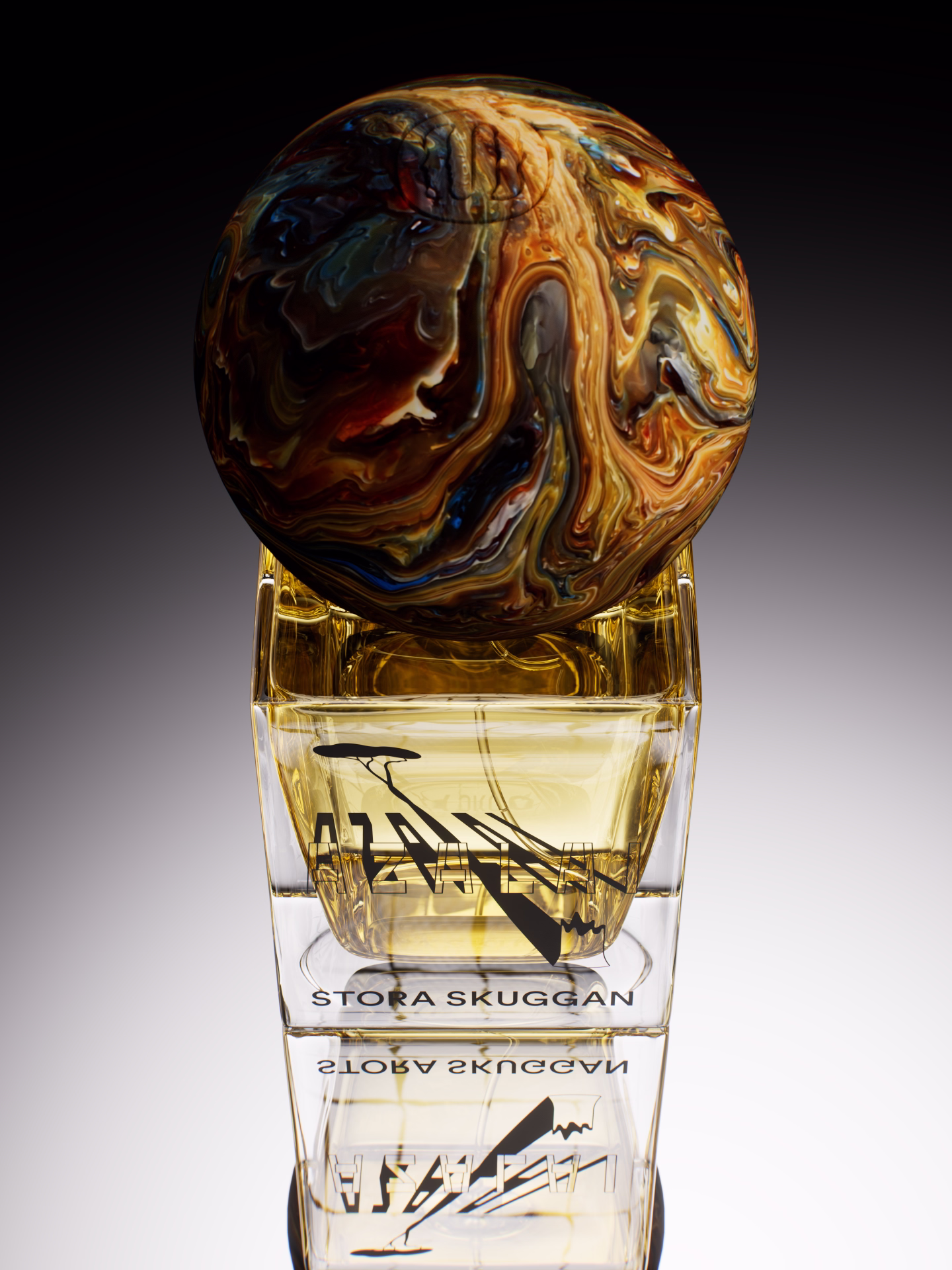 Square glass perfume bottle with amber liquid and a marbled globe-shaped cap on top.