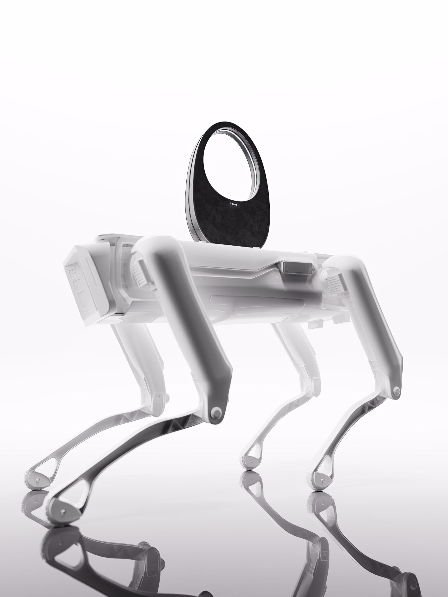 White four-legged robotic device with a black circular handle or screen on top reflected on a glossy surface.