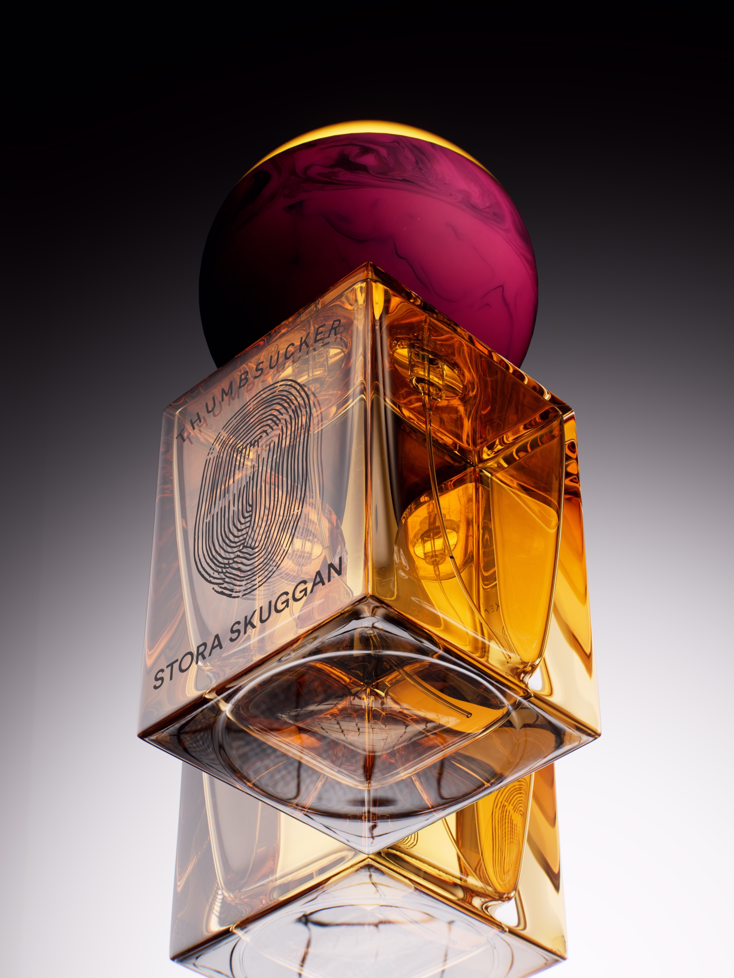 Amber glass bottle with a pink spherical cap and thumbprint design labeled Stora Skuggan.