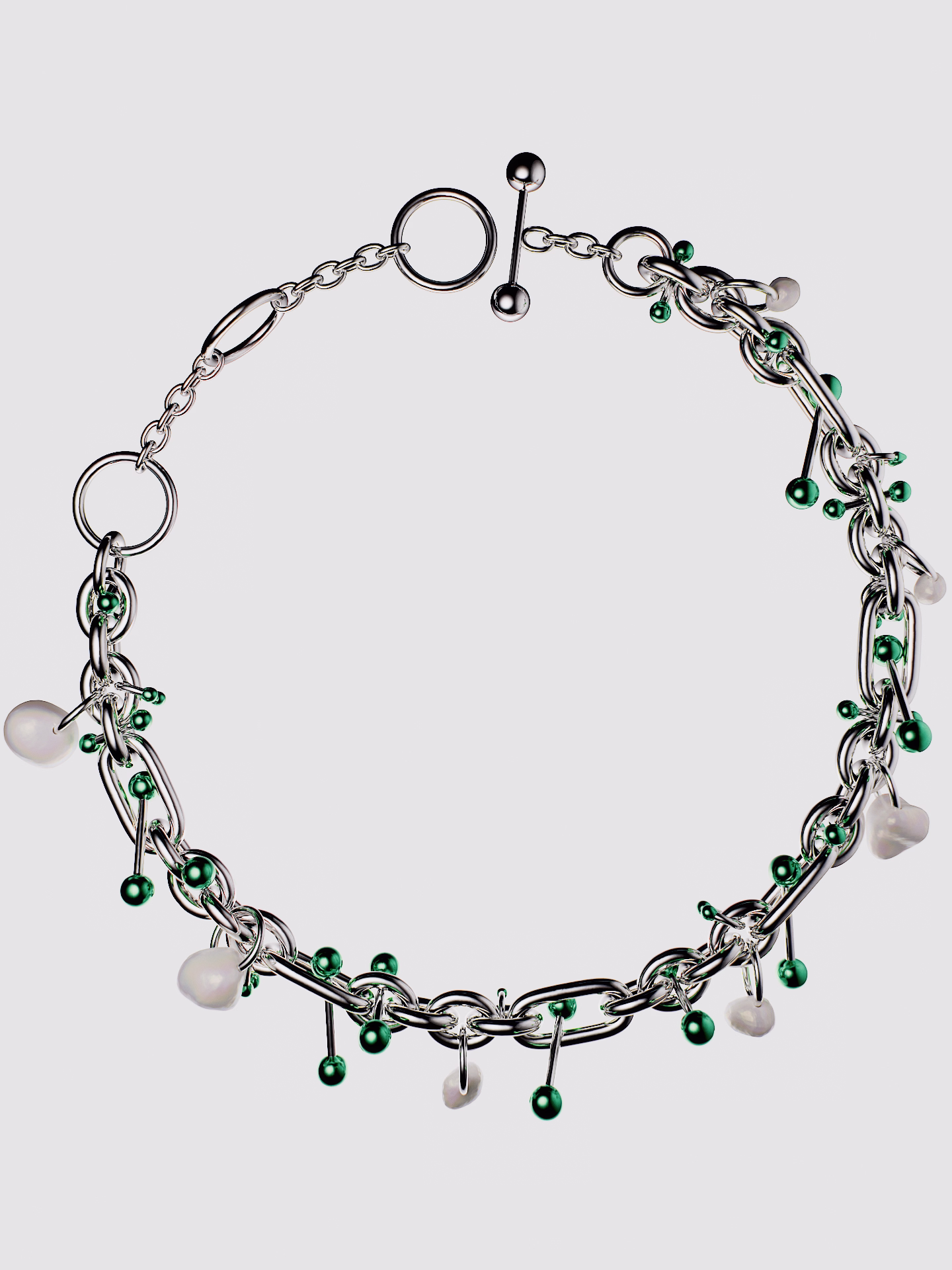 Silver chain necklace with green beads and white pearl-like charms on a light gray background.