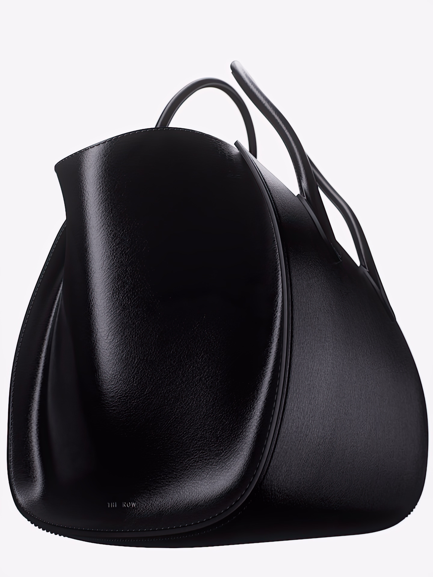 Sleek black leather handbag with curved front flap and dual handles on a white background.