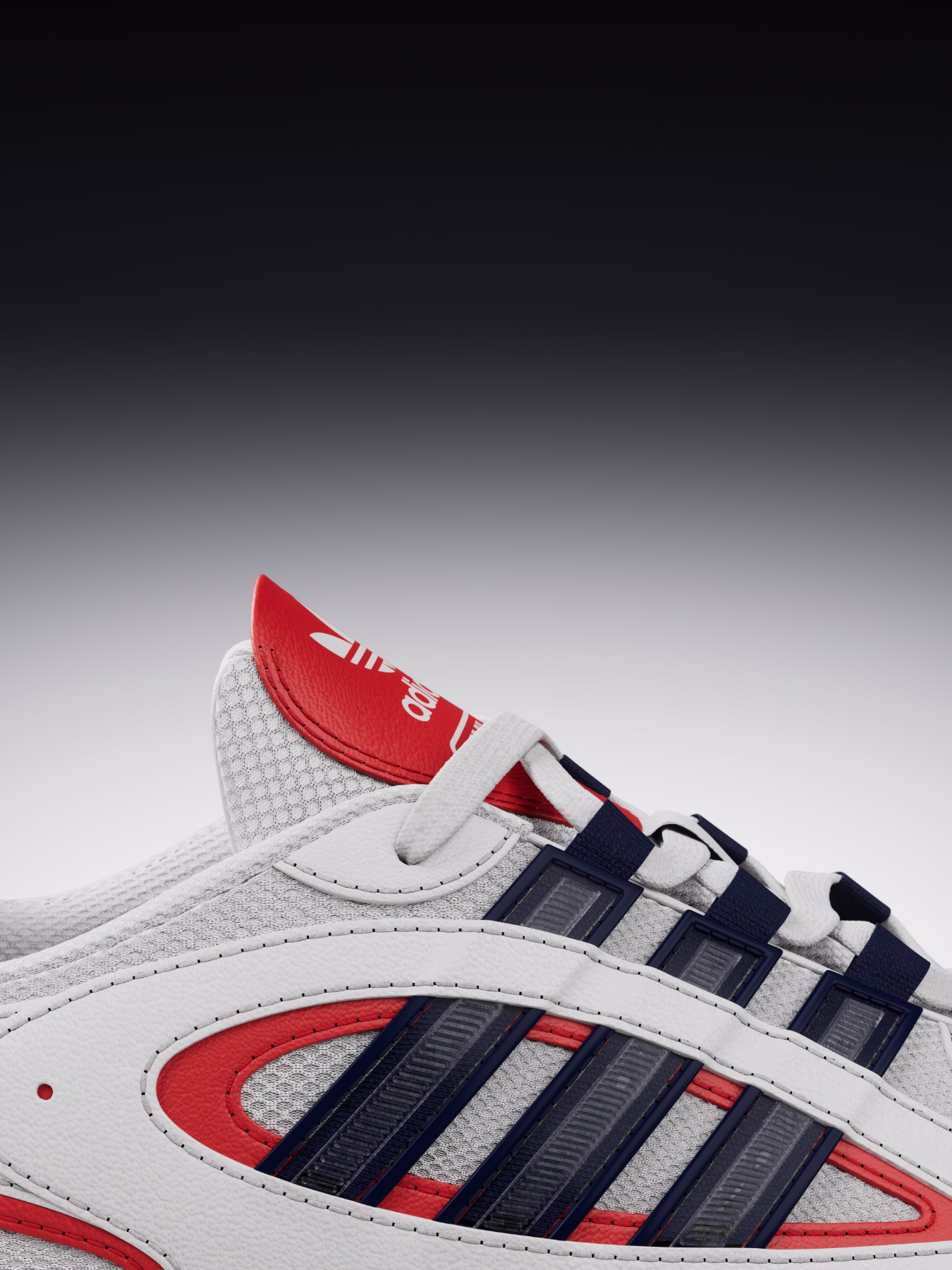 Close-up of an Adidas sneaker with white, red, and dark blue details and logo on the tongue.