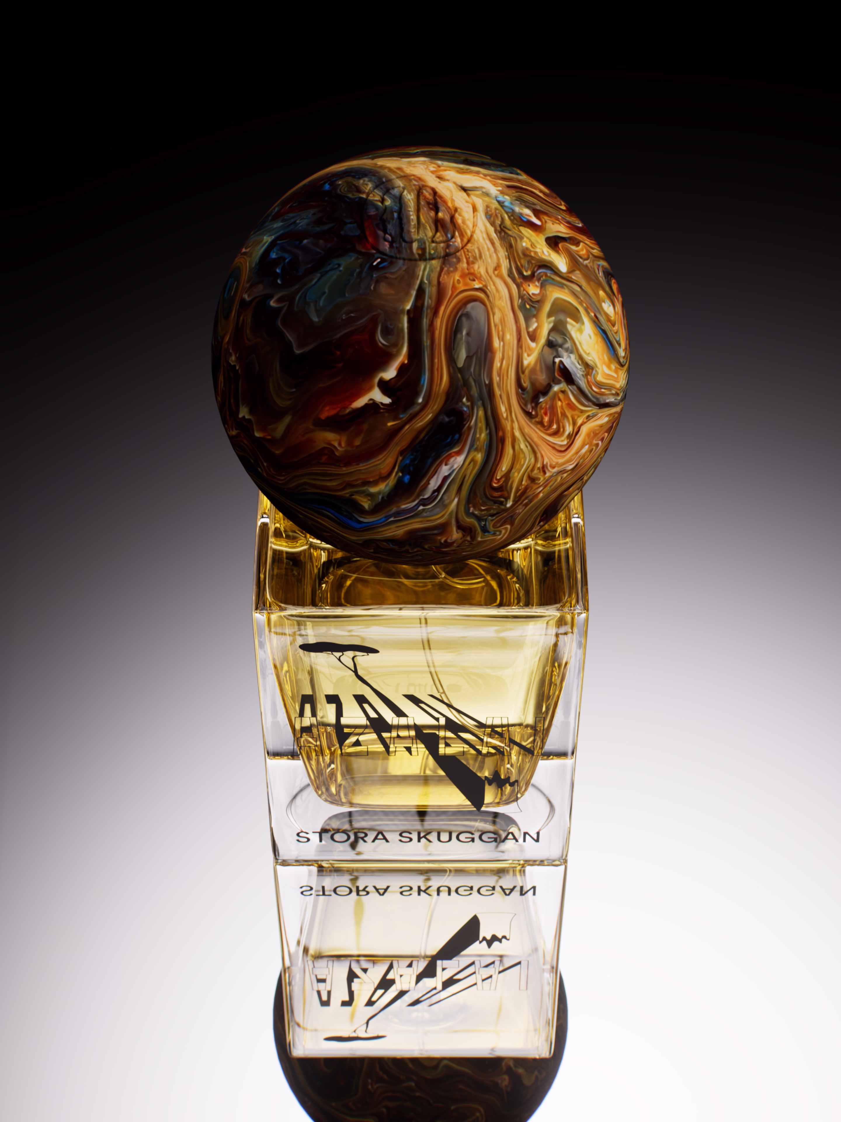 Square glass perfume bottle with amber liquid and a marbled globe-shaped cap on top.