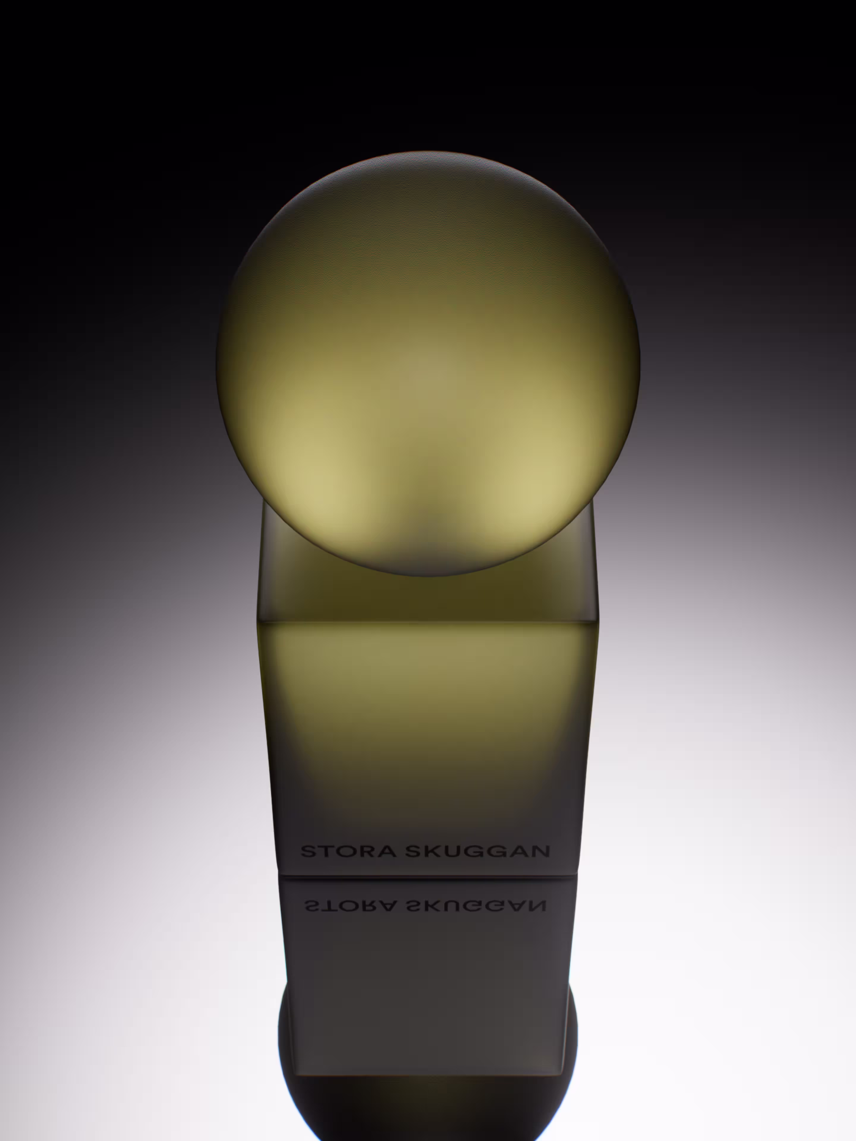 Amber glass bottle with a pink spherical cap and thumbprint design labeled Stora Skuggan.