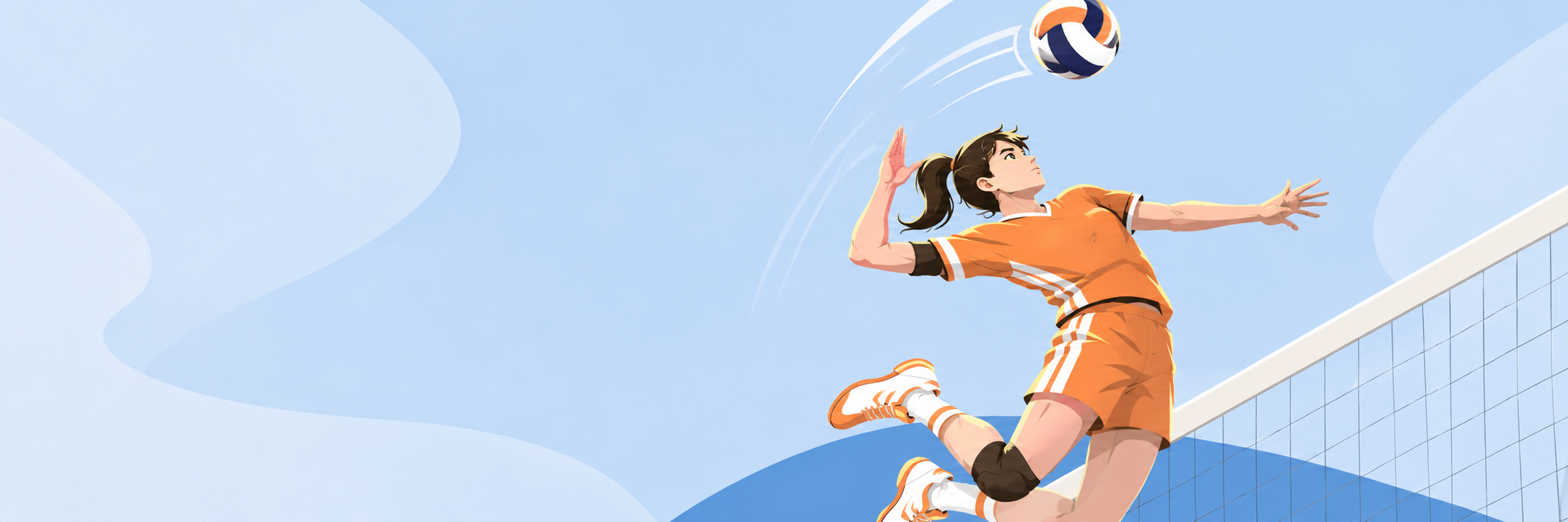 Illustration of a volleyball player in orange uniform jumping to spike a ball over the net.