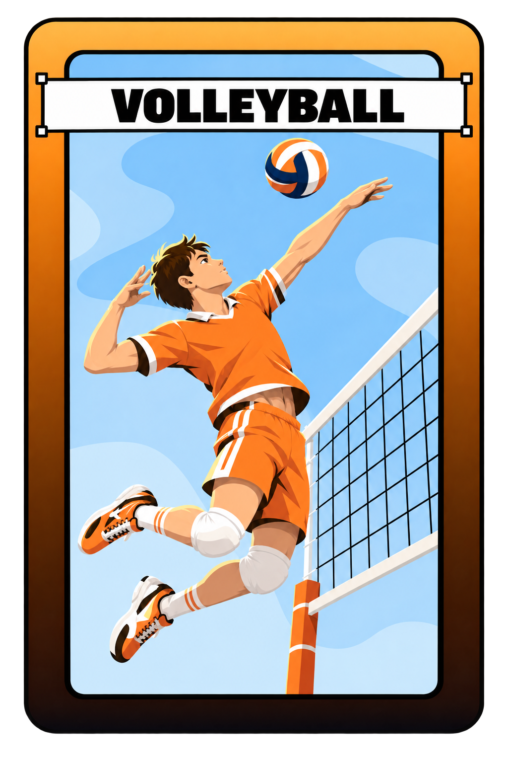 Illustration of a youth volleyball player jumping to hit a volleyball over a net.