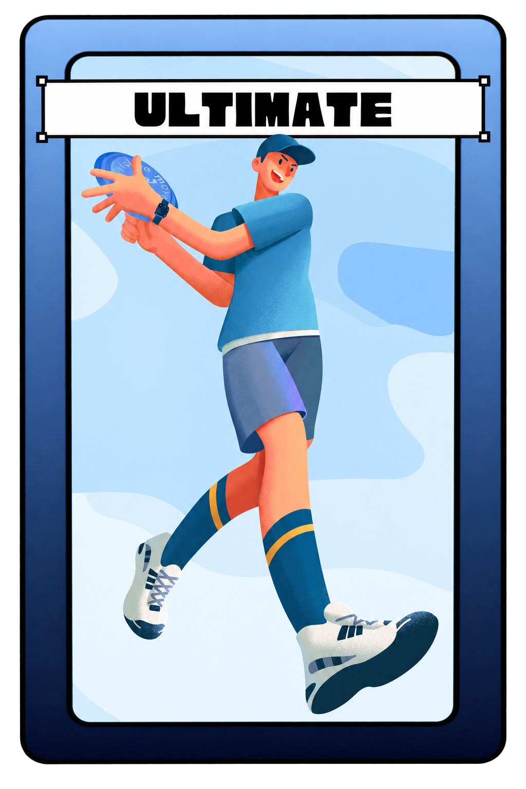 Illustration of an ultimate frisbee player in blue throwing a frisbee with the word ULTIMATE above them.