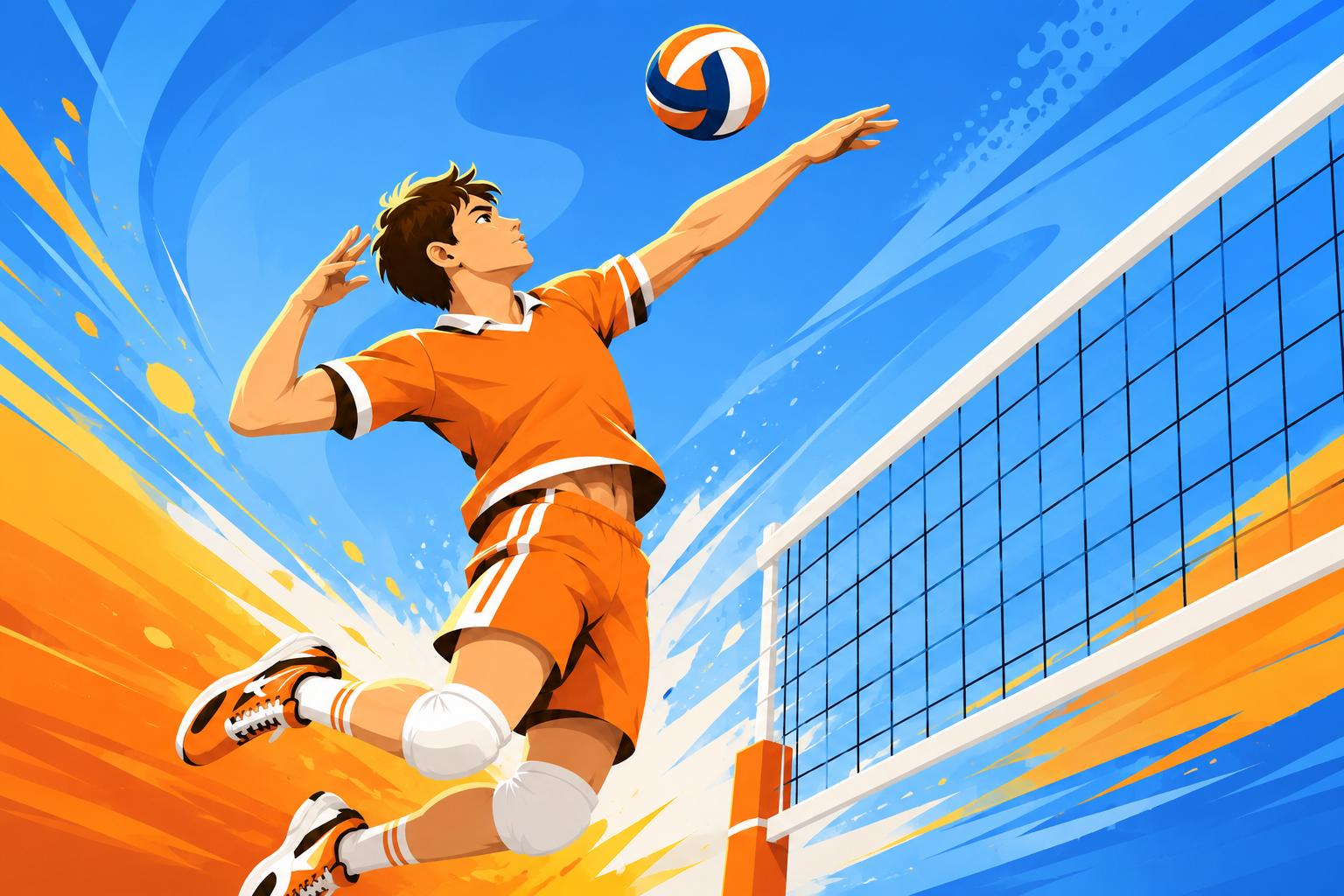 Animated volleyball player in orange uniform jumping to spike the ball over the net against a blue sky.