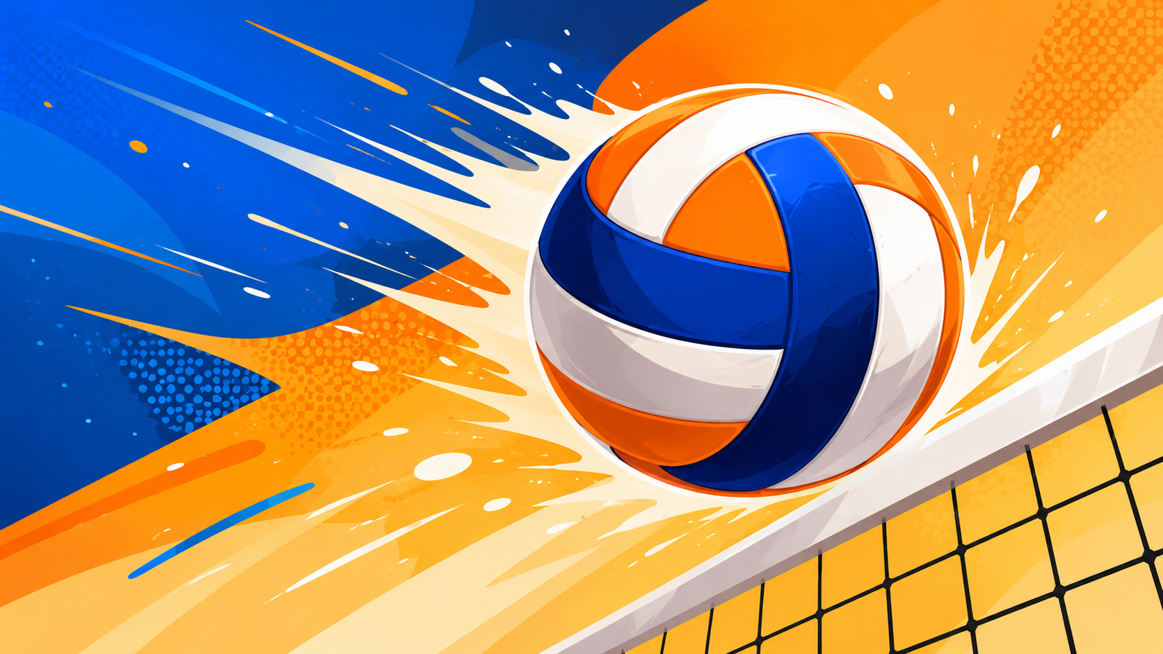 Volleyball in orange, blue, and white flying over a net with dynamic splash background.