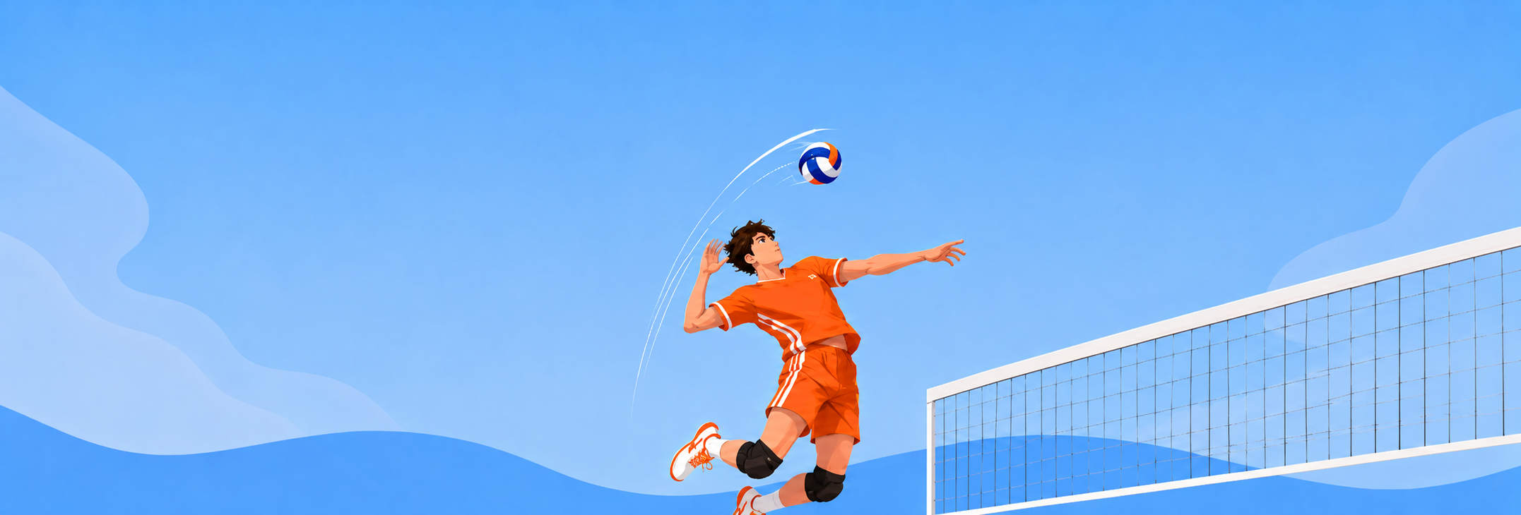 Volleyball player in orange uniform jumping to spike the ball over the net against blue sky.