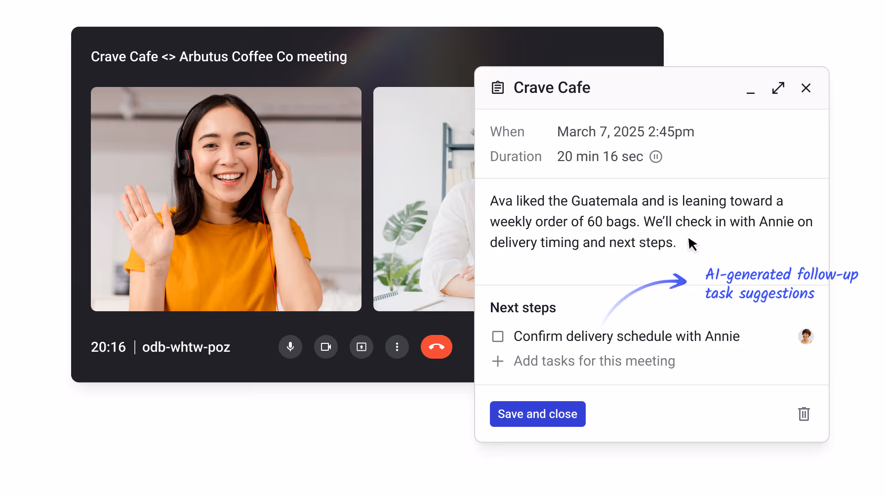 Video call interface with meeting notes on the side, showing AI-generated follow-up task suggestions like confirming a delivery schedule.