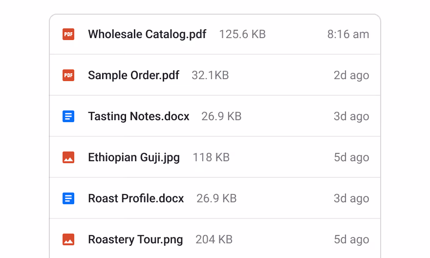 Files tab in a Streak box with a list of attached documents including images, PDFs, Word files, and timestamps showing when each was added.