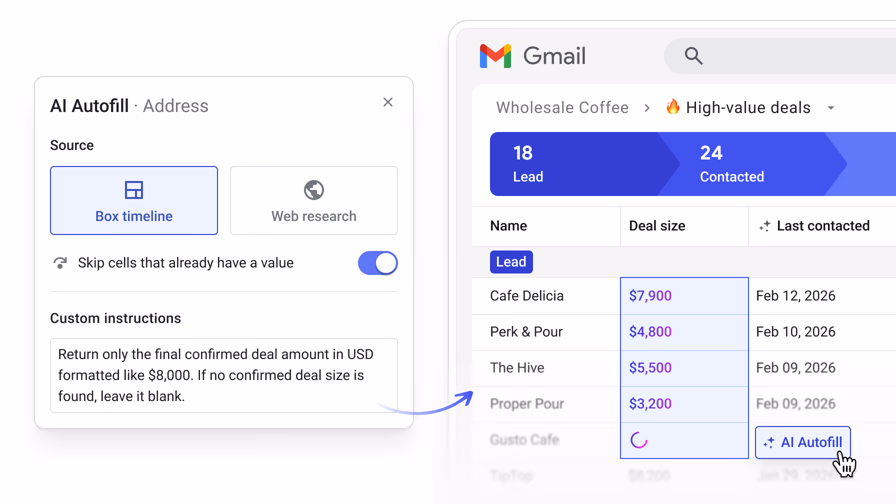 Streak AI autofill feature extracting deal information like business name, region, and deal size from an email into custom CRM columns.