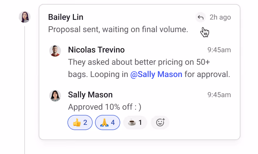 Threaded internal comment exchange on a deal, with team members discussing pricing approval and tagging a colleague for input.