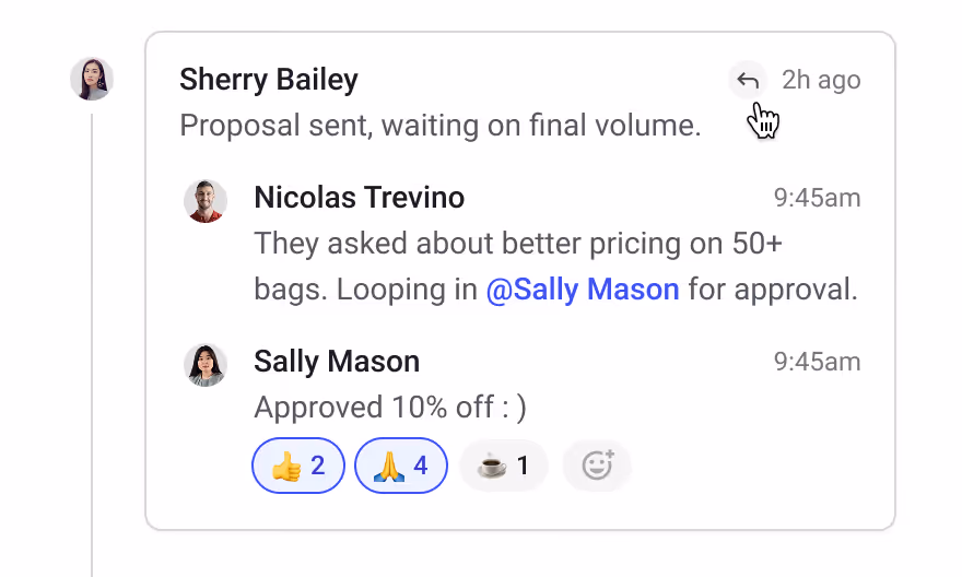 Threaded internal comment exchange on a deal, with team members discussing pricing approval and tagging a colleague for input.