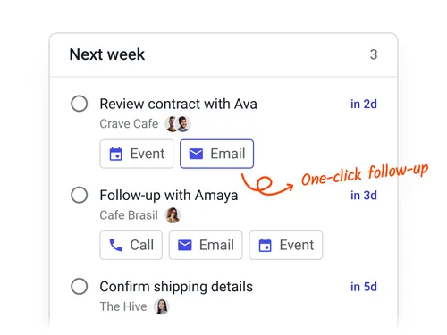 Task list showing upcoming activities with one-click follow-up options like Email, Call, and Event buttons for each contact and deal.
