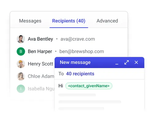 Mail merge composer showing selected recipients and message draft using smart fields to personalize outreach to multiple contacts.