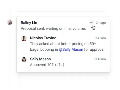 Threaded internal comment exchange on a deal, with team members discussing pricing approval and tagging a colleague for input.