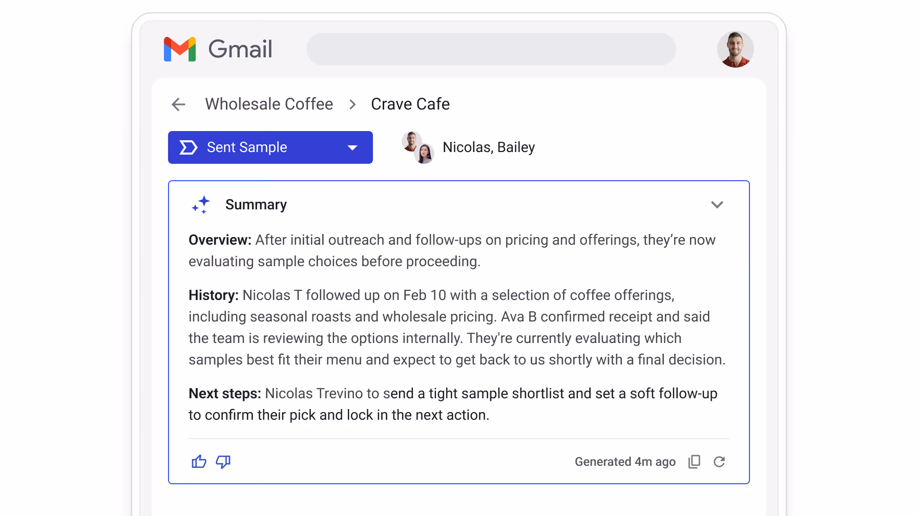 AI-generated deal summary and suggested tasks panel in a Streak pipeline, summarizing a conversation with Crave Cafe and recommending next steps.