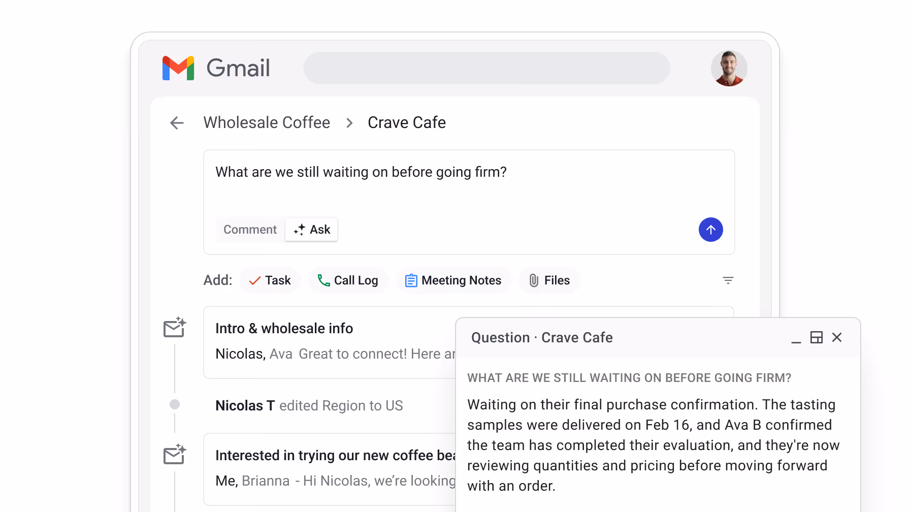 Streak AI answering a sales question within a pipeline, summarizing customer feedback and suggesting the next step to send a formal quote.
