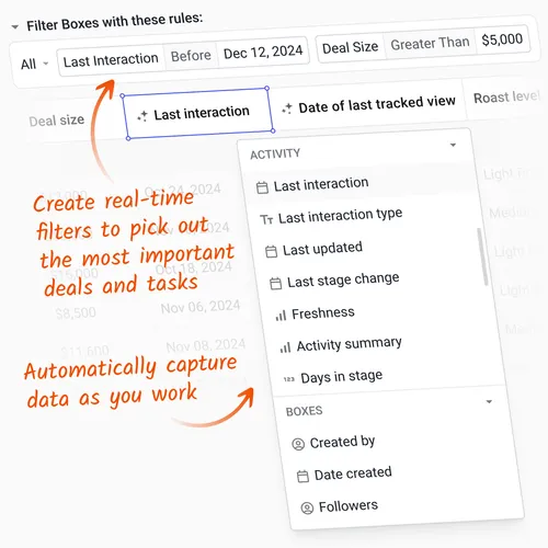 CRM table with filters and a dropdown showing magic column options like βLast interactionβ and βDays in stage,β annotated to highlight real-time filtering and automatic data capture.