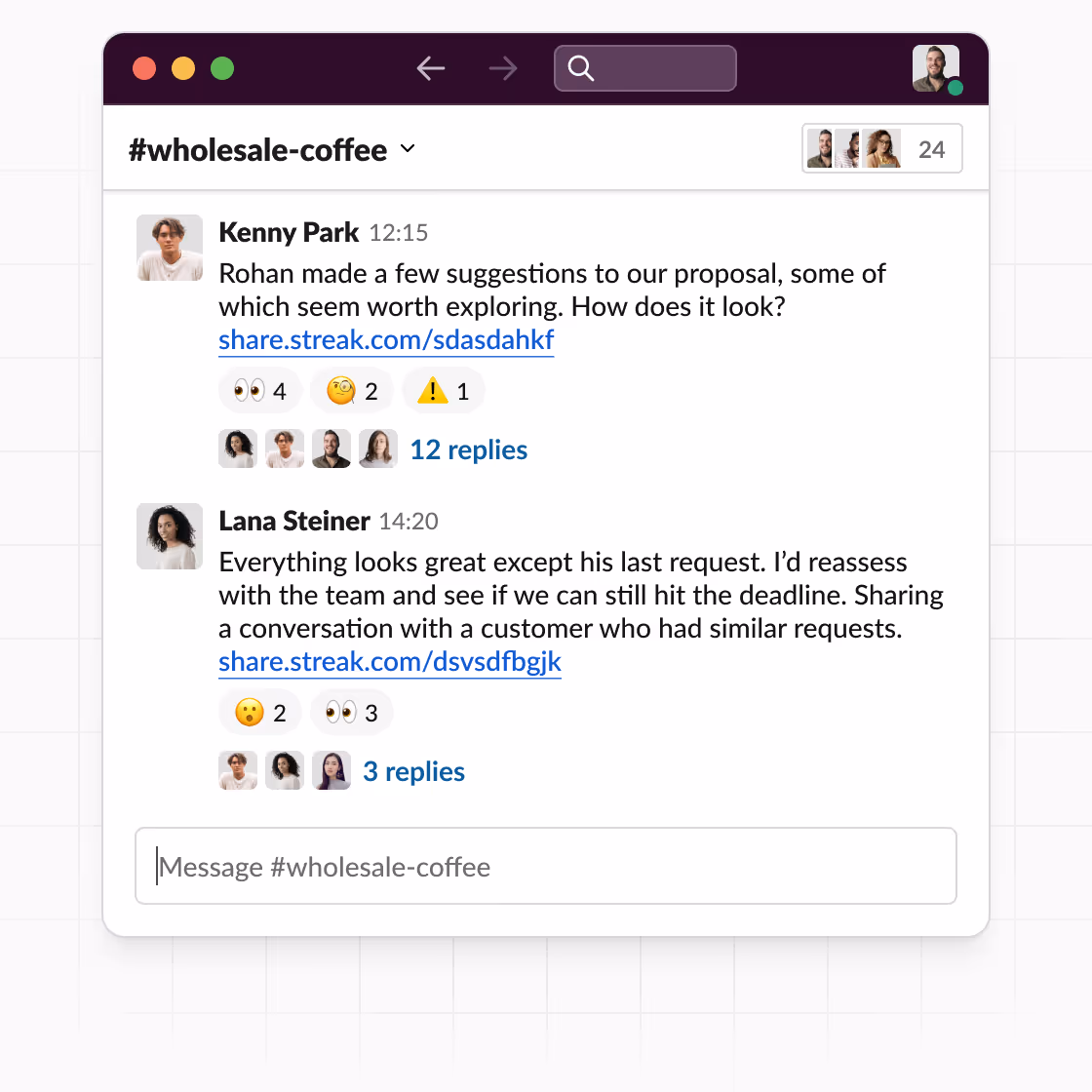 Slack thread showing team members sharing Streak email links and collaborating.