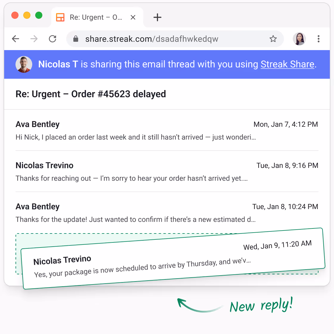 Web view of a shared email thread showing customer messages and a highlighted new reply in green.