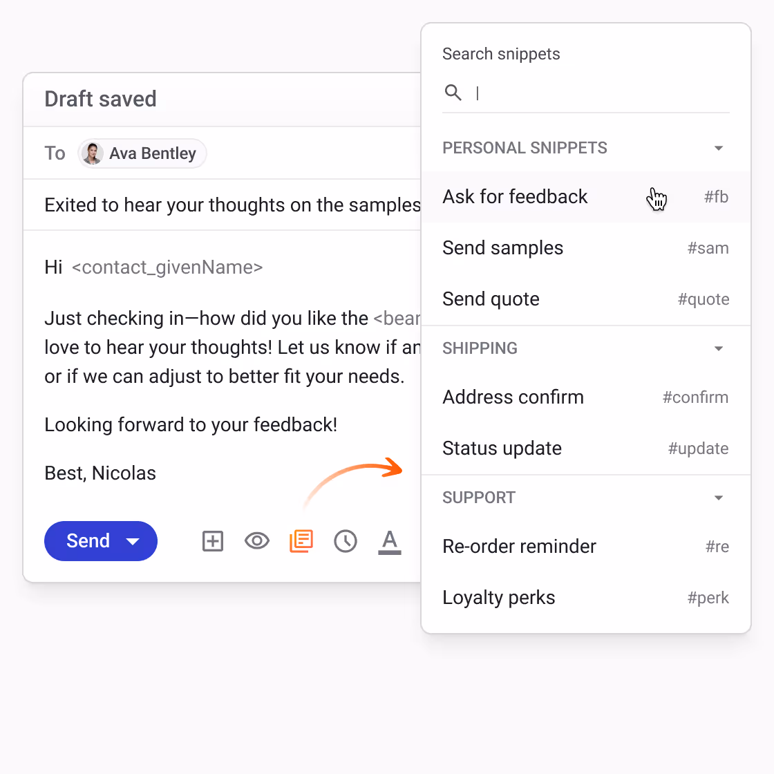 Dropdown menu of snippets in Gmail, allowing users to insert prewritten responses with a single click.