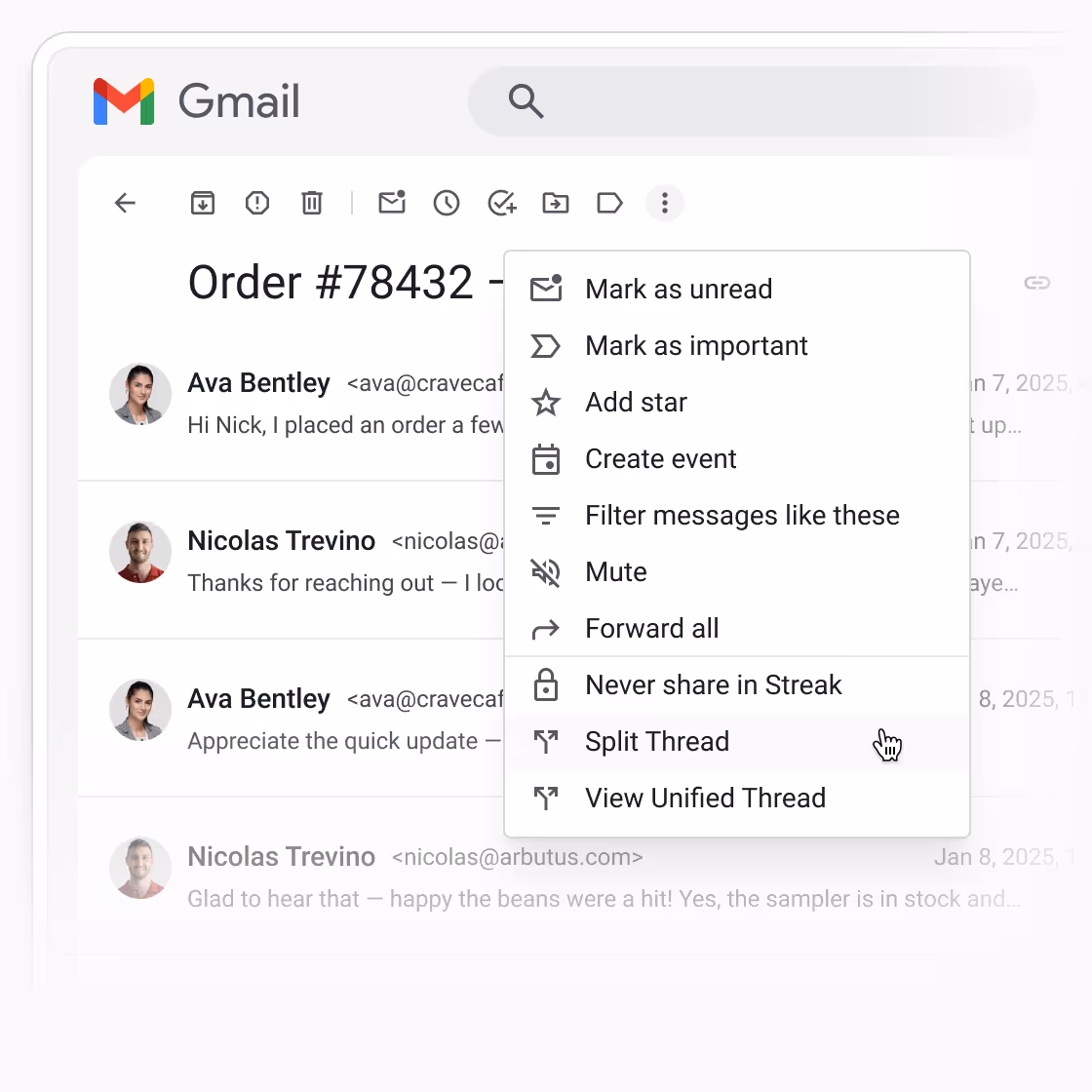 Gmail dropdown menu showing options like “Split Thread” and “View Unified Thread” to manage conversation threads with Streak.