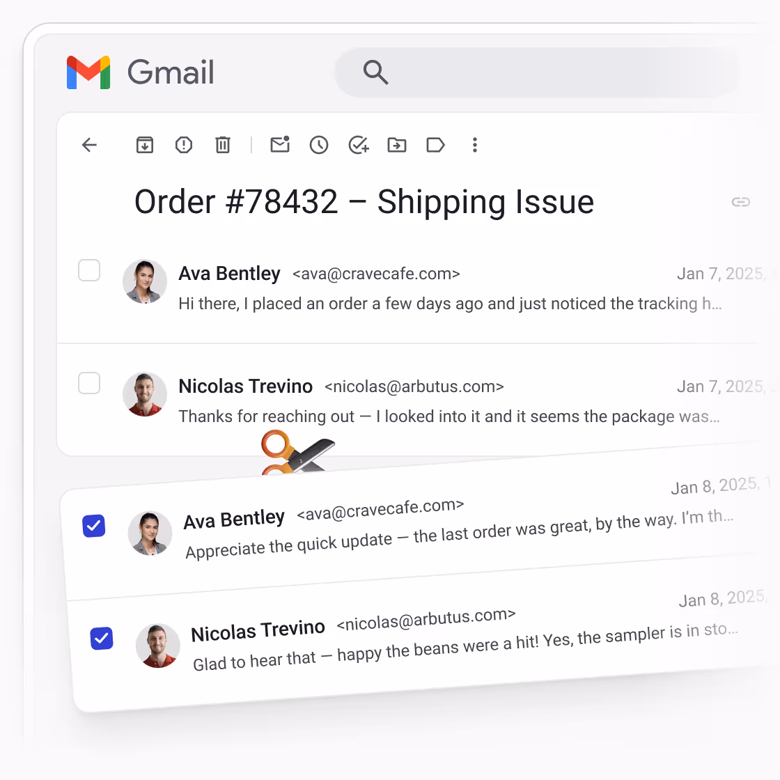 Gmail message thread with scissors illustration indicating selected emails will be split into a new thread using Streak’s Thread Splitter feature.